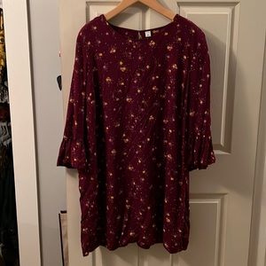 Old Navy dark red and floral tunic dress with bell sleeves